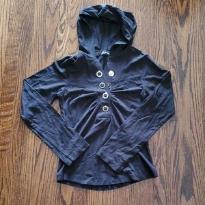 Black Hooded Long-Sleeve Top with Decorative Grommet Detail